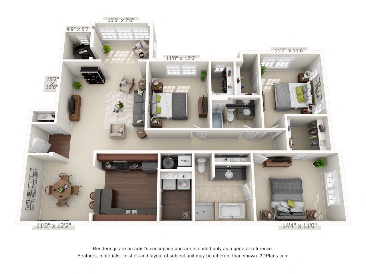 Floor plan for 3 beds, 2 baths, 1655 sqft